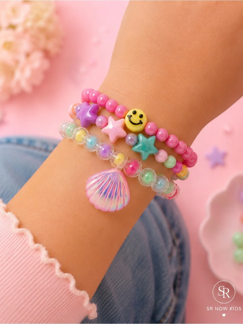 Mermaid Bracelet Set for Girls | Smiley Face & Shell Charm Stackable NEW